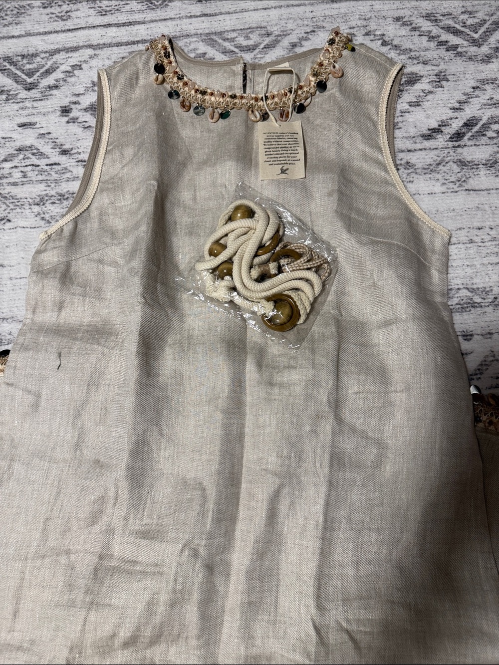 Sleeveless Linen Maxi Dress with Beaded Neckline - Natural